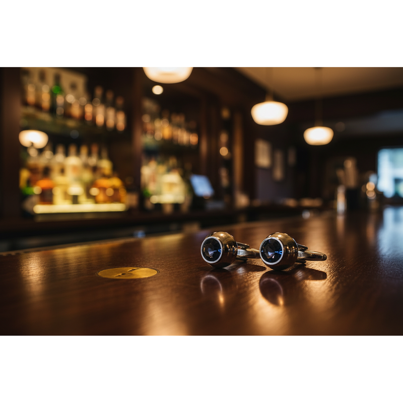 Cufflinks on a bar counter with blurred bar background