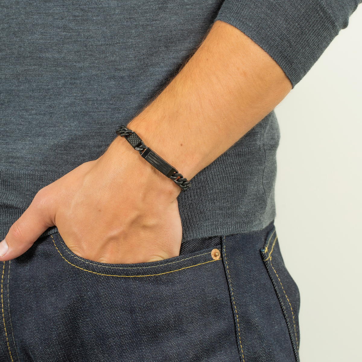 Meccanico Bracelet with Black Carbon Fibre in Black Plated Stainless Steel-Bracelets-Tateossian-Cufflinks.com.sg